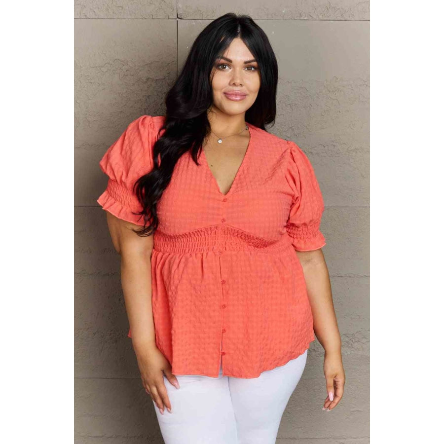 Culture Code Whimsical Wonders Full Size V-Neck Puff Sleeve Button Down Top Coral / S Clothing