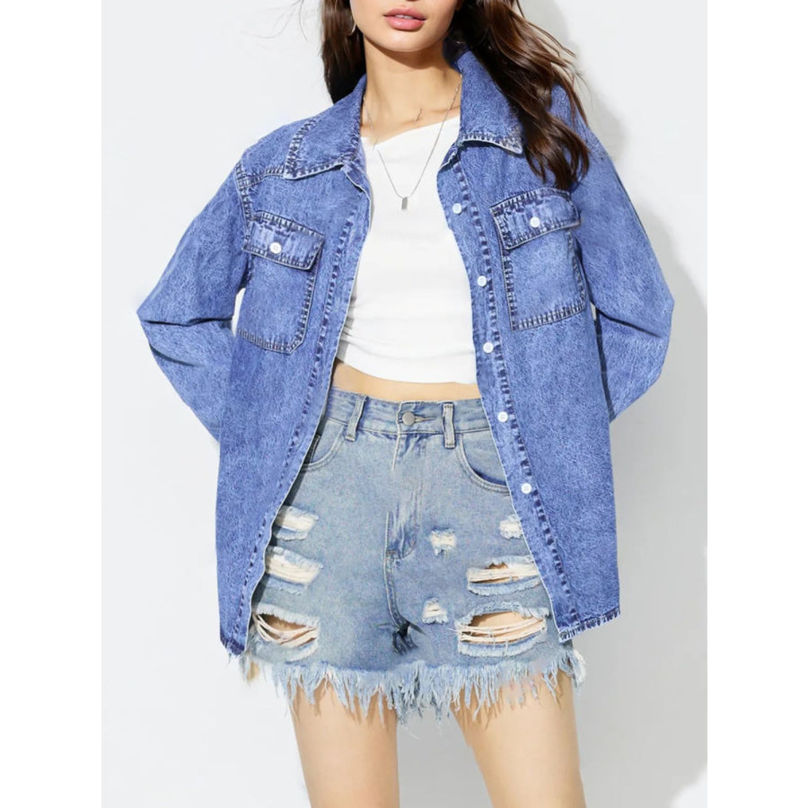 Curved Hem Collared Neck Denim Top Apparel and Accessories