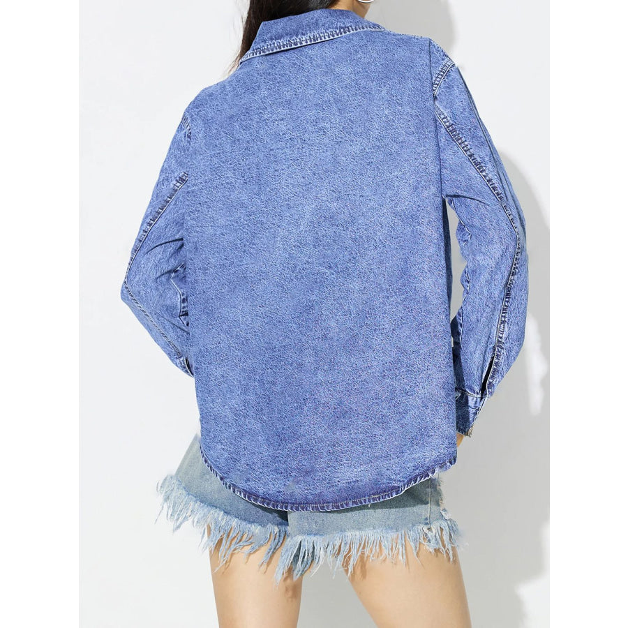 Curved Hem Collared Neck Denim Top Apparel and Accessories