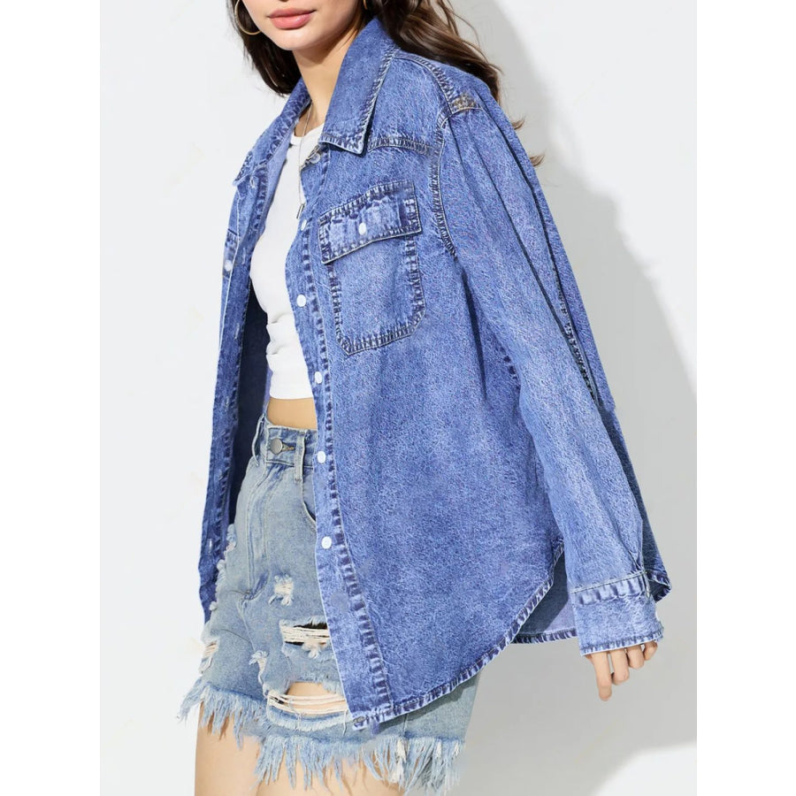 Curved Hem Collared Neck Denim Top Apparel and Accessories