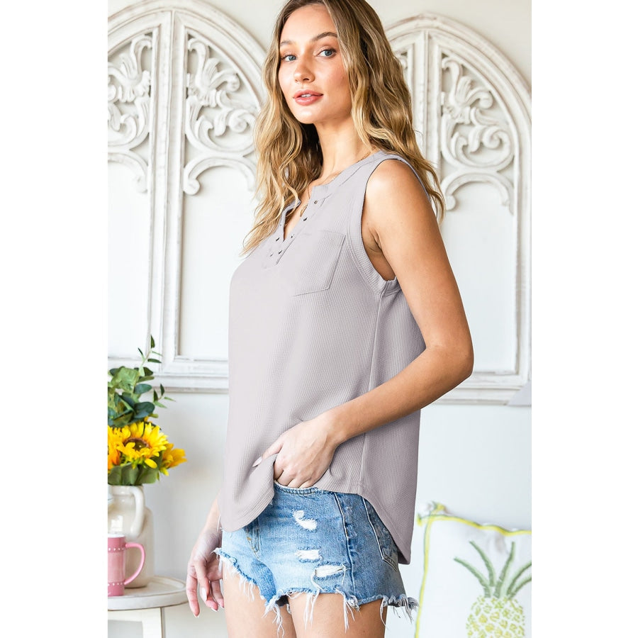 Curved Hem Notched Neck Pocket Tank