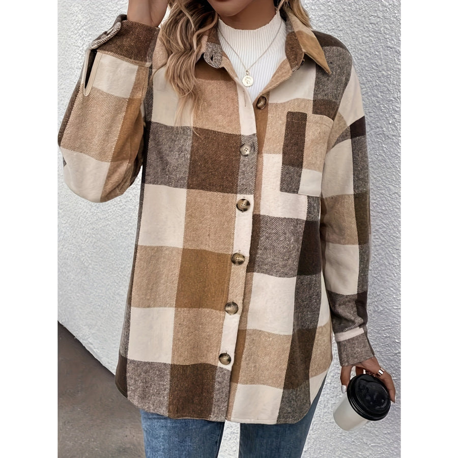 Curved Hem Plaid Collared Neck Shacket Apparel and Accessories