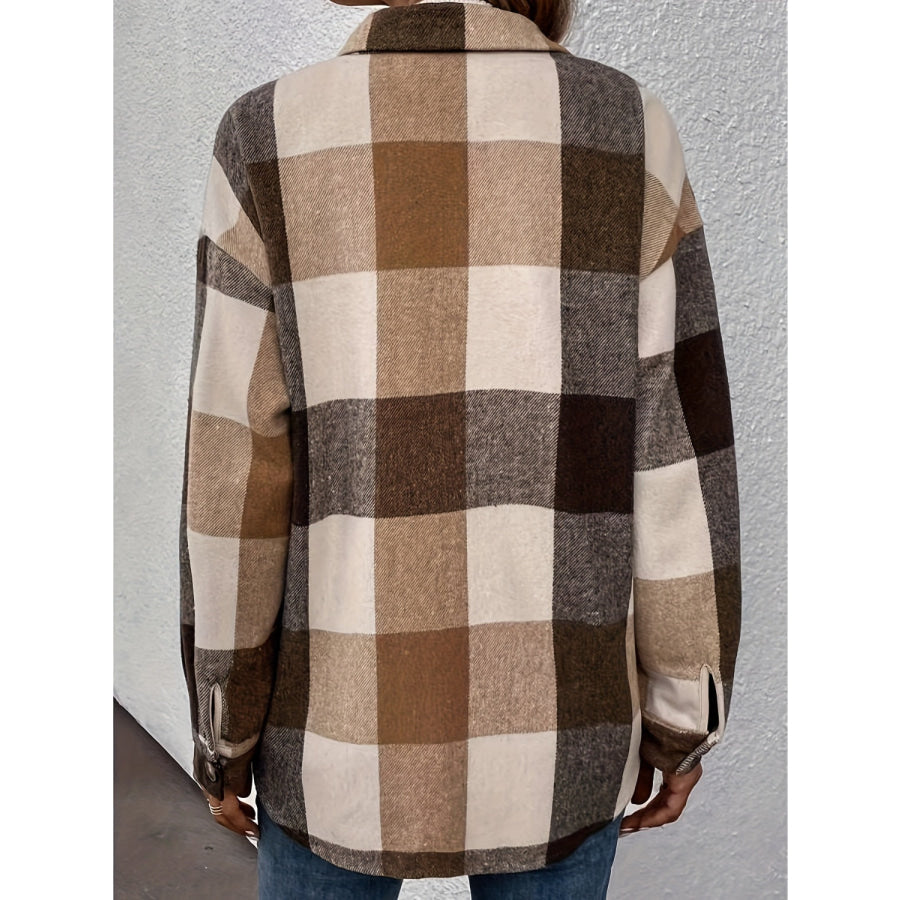 Curved Hem Plaid Collared Neck Shacket Apparel and Accessories