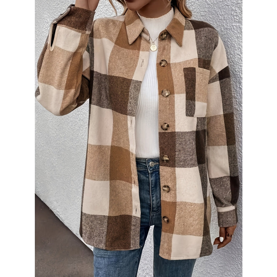 Curved Hem Plaid Collared Neck Shacket Camel / S Apparel and Accessories