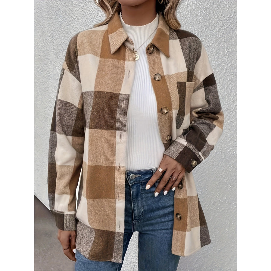 Curved Hem Plaid Collared Neck Shacket Apparel and Accessories