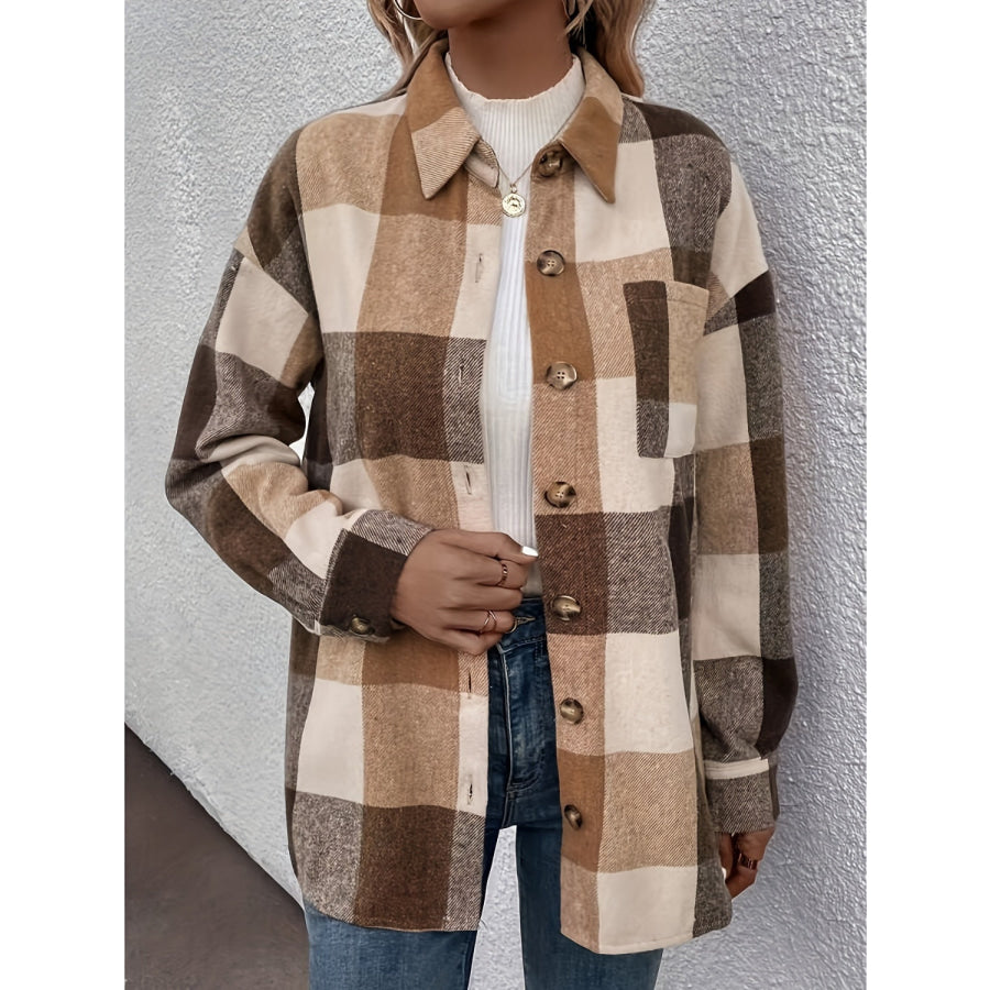 Curved Hem Plaid Collared Neck Shacket Camel / S Apparel and Accessories