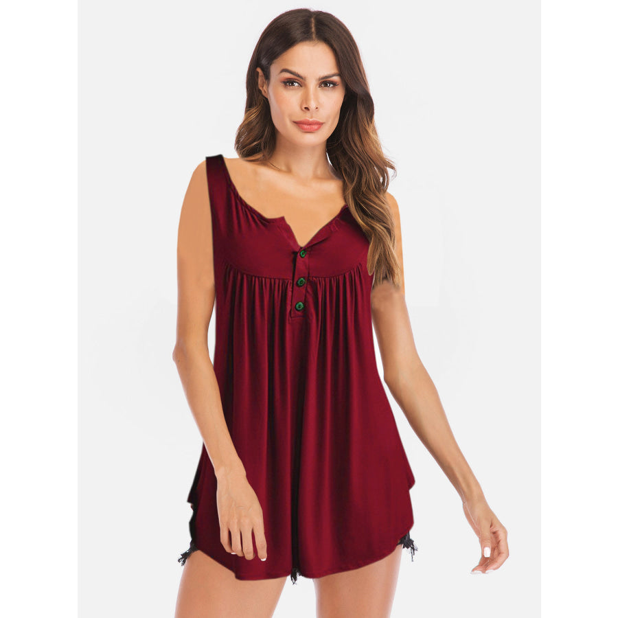 Curved Hem Ruched Notched Tank Burgundy / S Apparel and Accessories