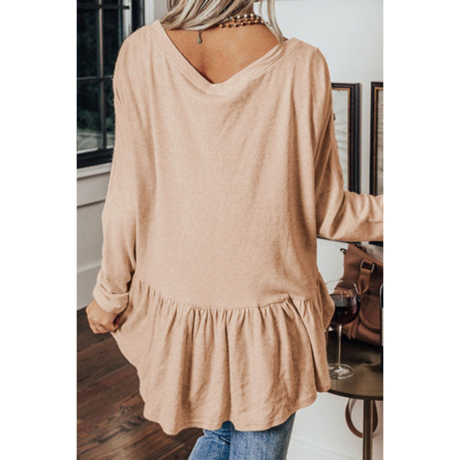 Curved Hem V-Neck Long Sleeve Top Apparel and Accessories