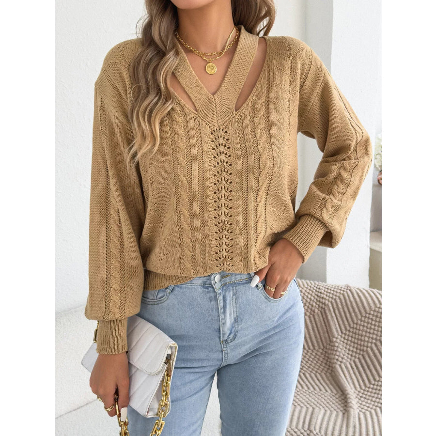 Cut-Out Cable Knit Sweater Khaki Color / S Apparel and Accessories