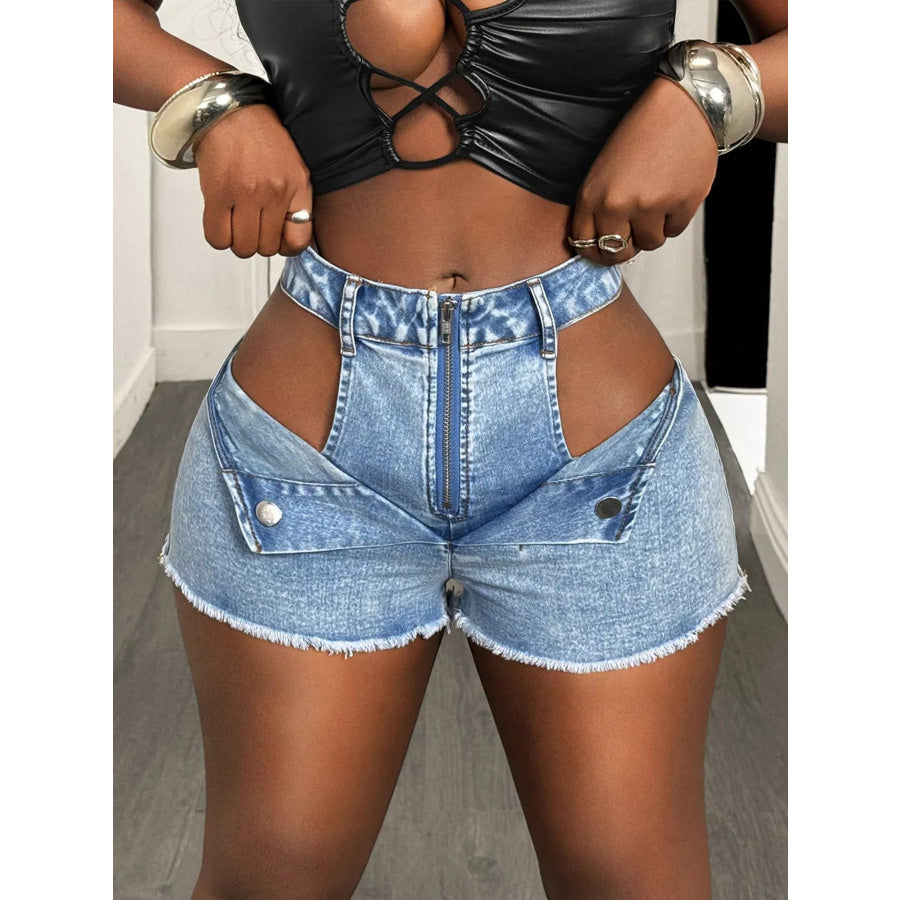 Cut-out Denim Shorts with Frayed Hem Apparel and Accessories