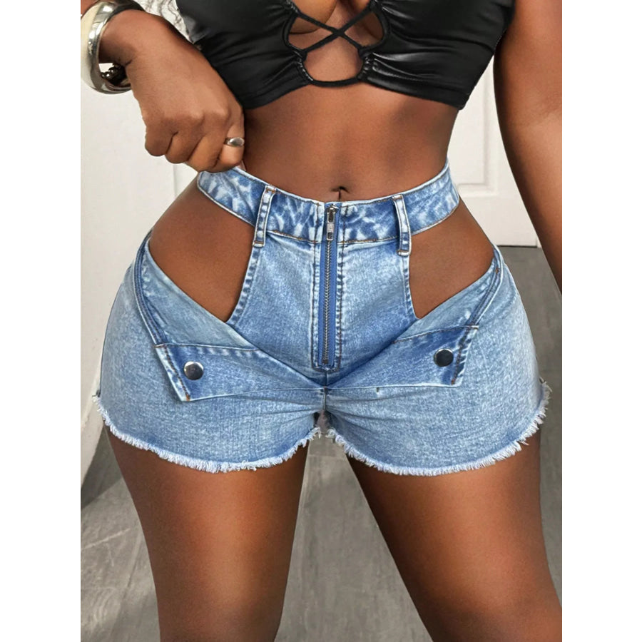 Cut-out Denim Shorts with Frayed Hem Apparel and Accessories