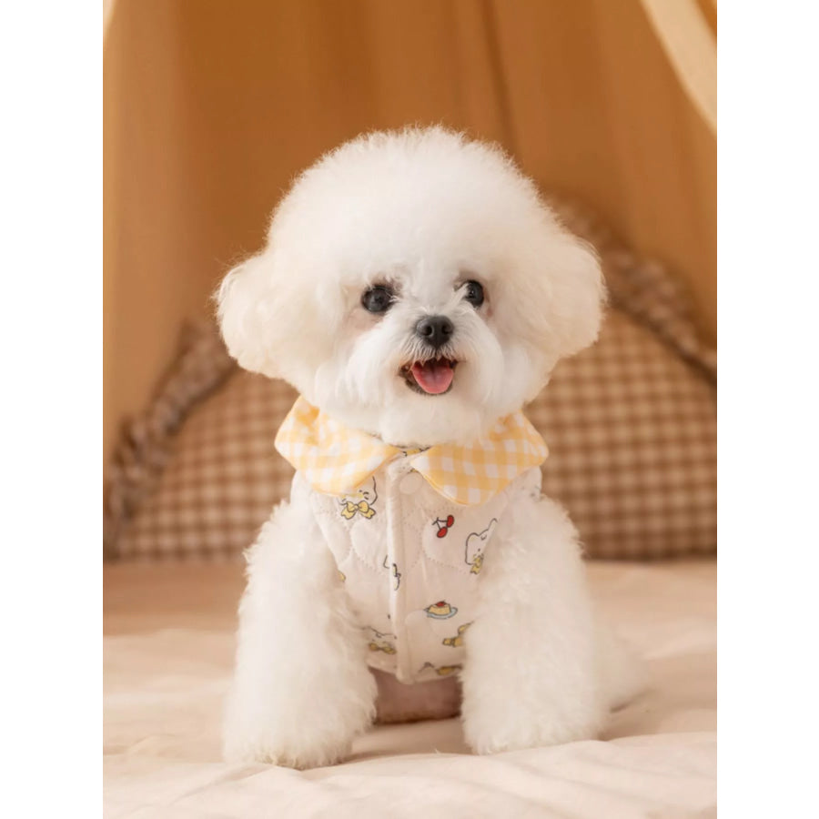 Cute Cartoon Print Padded Pet Jacket with Gingham Collar Yellow / XS Apparel and Accessories