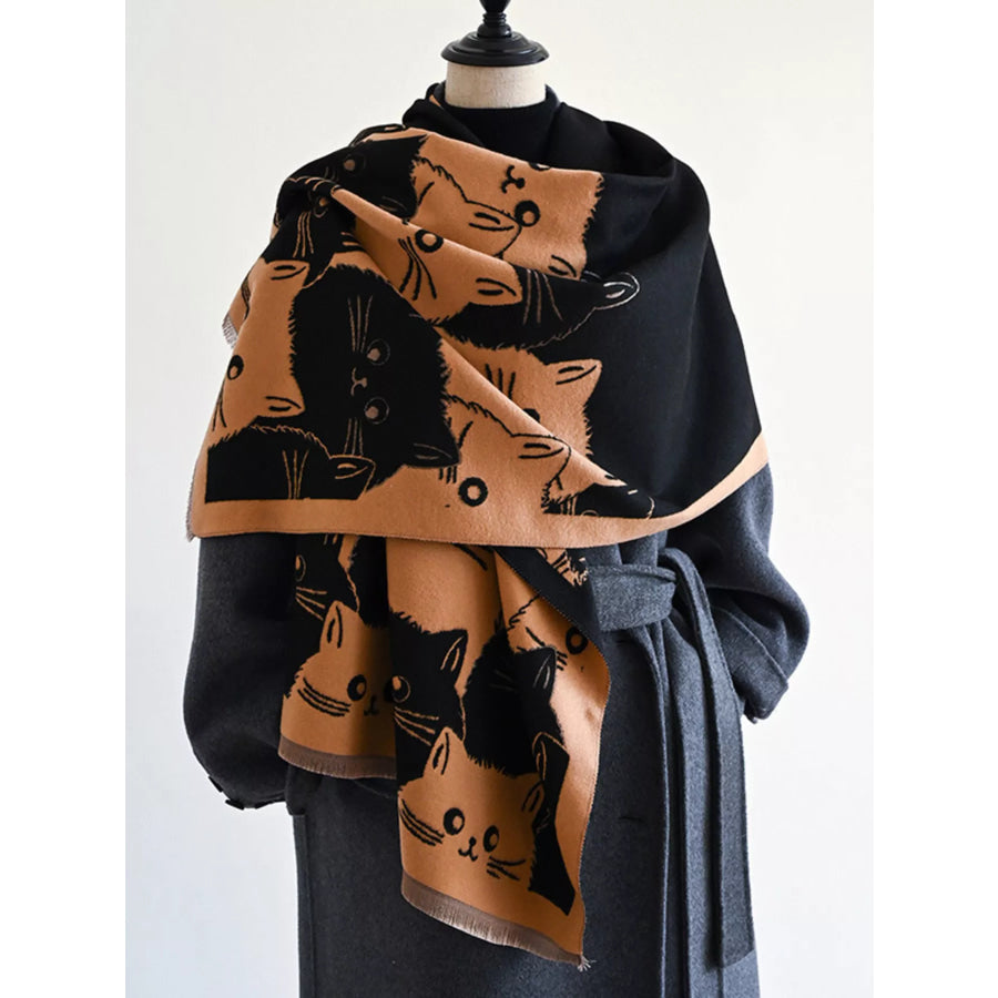 Cute Cat Pattern Knitted Scarf Black Brown / One Size Apparel and Accessories