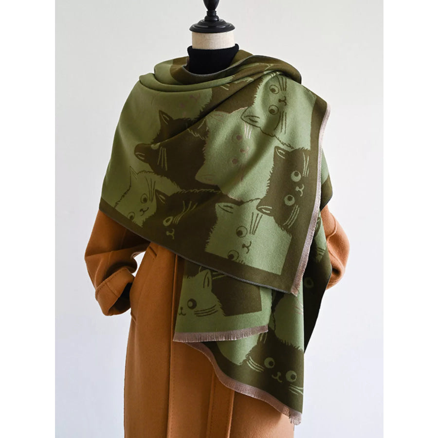 Cute Cat Pattern Knitted Scarf Green / One Size Apparel and Accessories