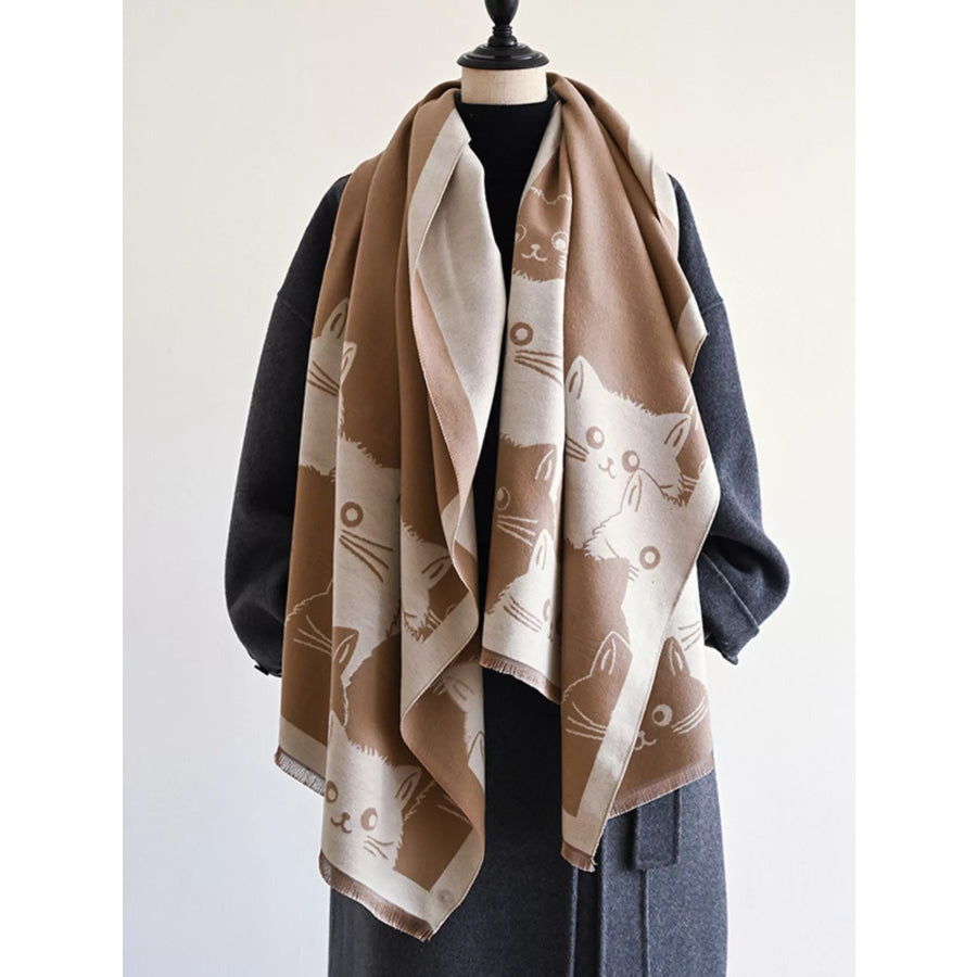 Cute Cat Pattern Knitted Scarf Khaki / One Size Apparel and Accessories