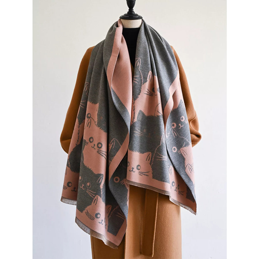 Cute Cat Pattern Knitted Scarf Pink Gray / One Size Apparel and Accessories
