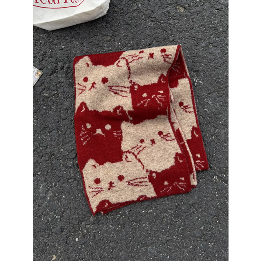 Cute Cat Pattern Knitted Scarf Red / ONESIZE Apparel and Accessories