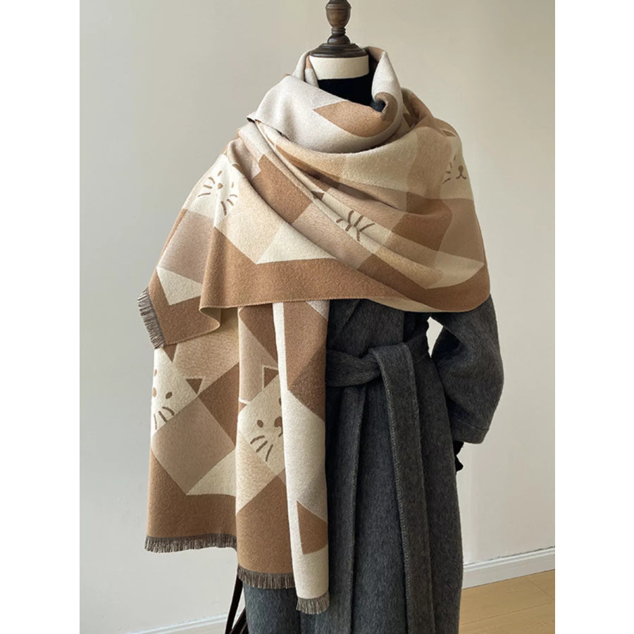 Cute Cat Pattern Plaid Raw Hem Scarf Khaki / One Size Apparel and Accessories