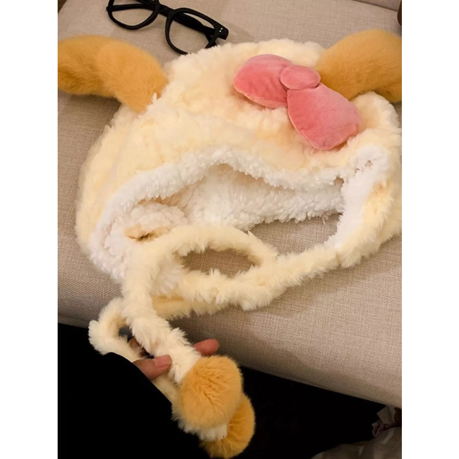 Cute Plush Animal Ear Hat with Bow Cream / One Size Apparel and Accessories