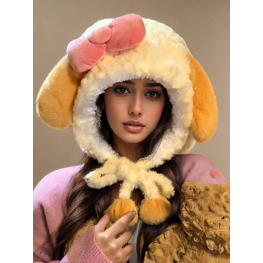 Cute Plush Animal Ear Hat with Bow Cream / One Size Apparel and Accessories