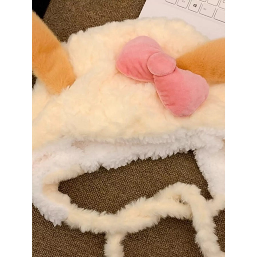 Cute Plush Animal Ear Hat with Bow Cream / One Size Apparel and Accessories