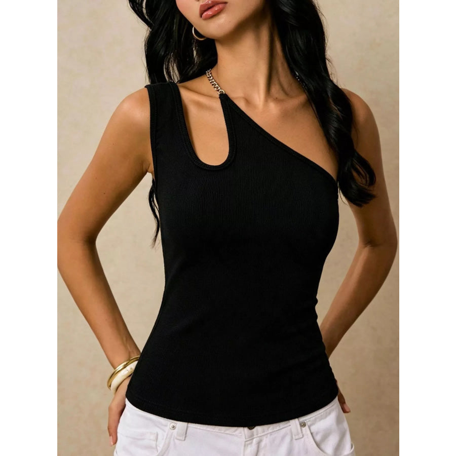 Cutout Asymmetrical Chain Strap Ribbed Tank Apparel and Accessories
