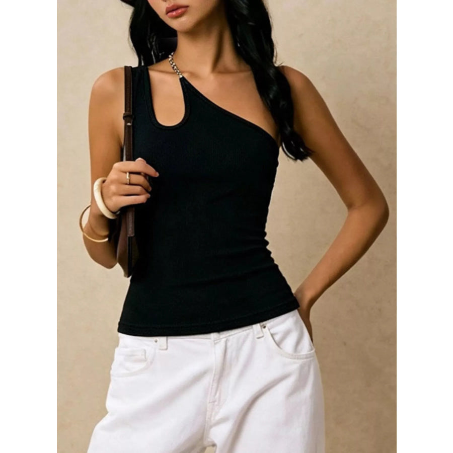 Cutout Asymmetrical Chain Strap Ribbed Tank Apparel and Accessories