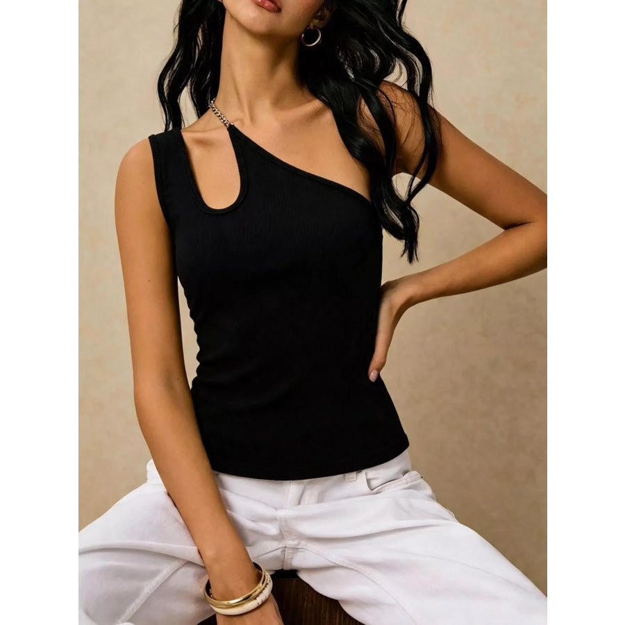 Cutout Asymmetrical Chain Strap Ribbed Tank Apparel and Accessories