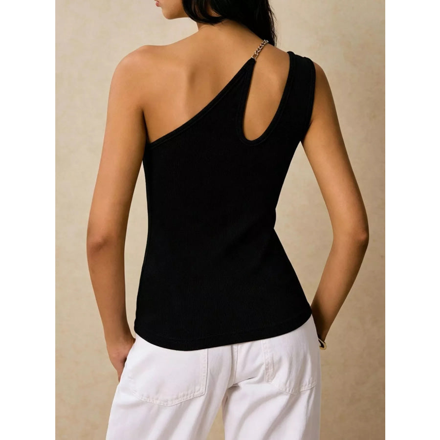 Cutout Asymmetrical Chain Strap Ribbed Tank Apparel and Accessories