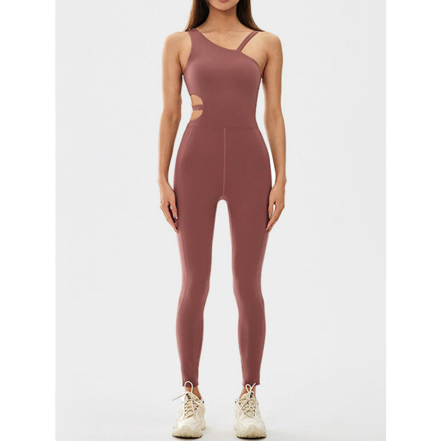Cutout Asymmetrical Neck Active Jumpsuit Chestnut / S Apparel and Accessories