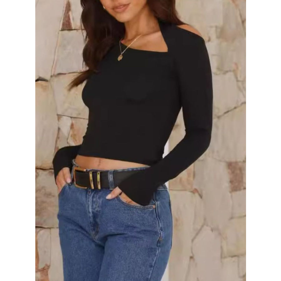 Cutout Asymmetrical Neck Long Sleeve T-Shirt Black / S Apparel and Accessories