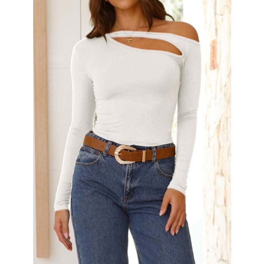 Cutout Asymmetrical Neck Long Sleeve T-Shirt White / S Apparel and Accessories