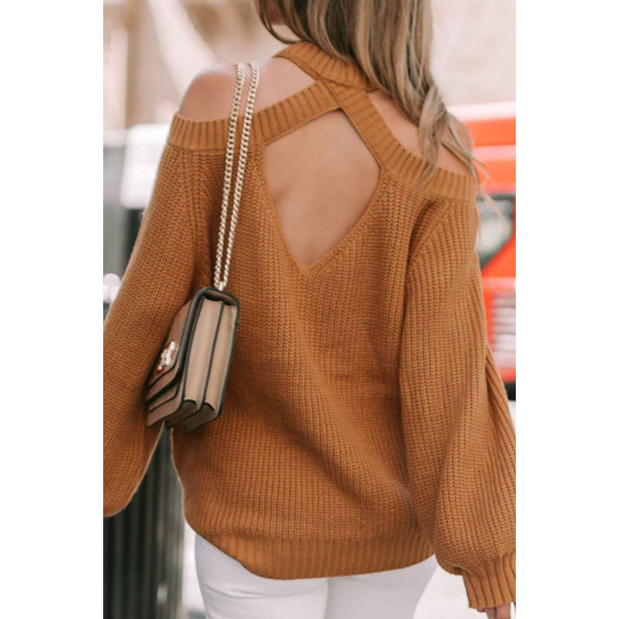 Cutout Back Cold Shoulder Long Sleeve Sweater Apparel and Accessories