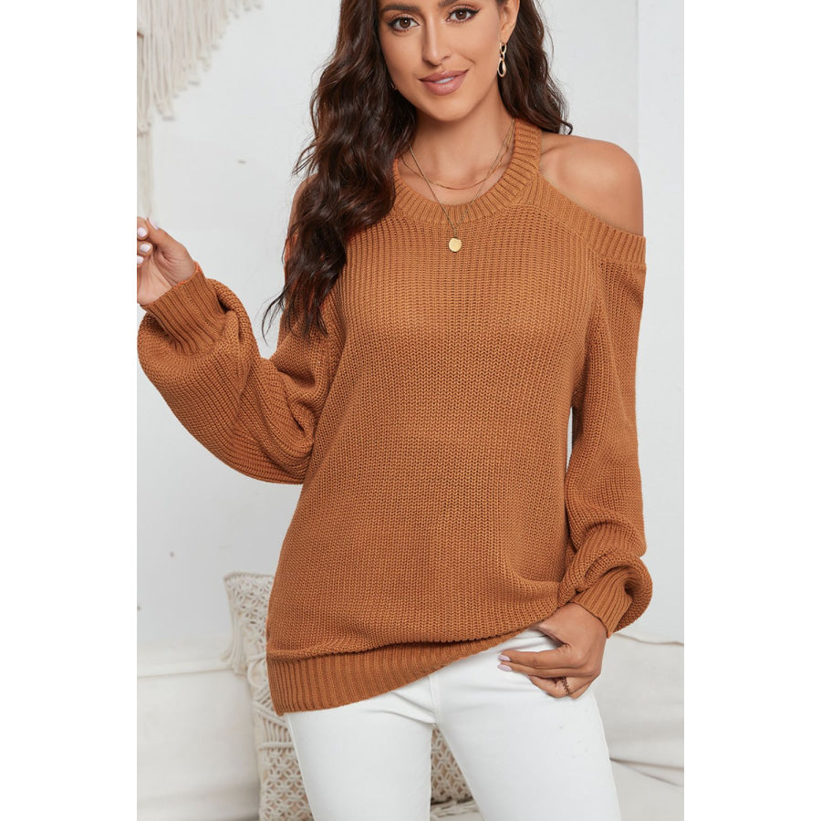 Cutout Back Cold Shoulder Long Sleeve Sweater Apparel and Accessories