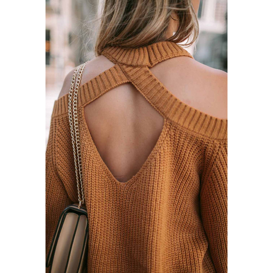 Cutout Back Cold Shoulder Long Sleeve Sweater Apparel and Accessories