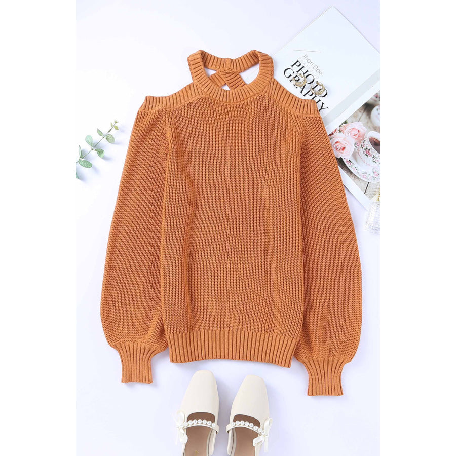 Cutout Back Cold Shoulder Long Sleeve Sweater Apparel and Accessories