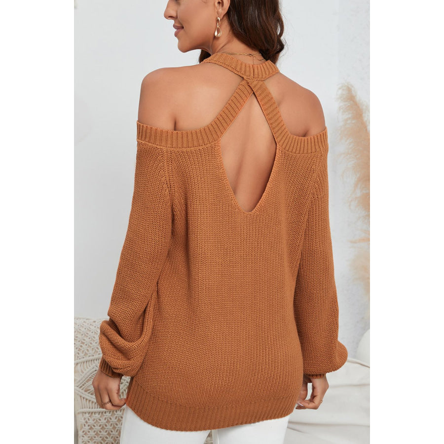 Cutout Back Cold Shoulder Long Sleeve Sweater Caramel / S Apparel and Accessories