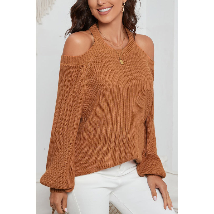 Cutout Back Cold Shoulder Long Sleeve Sweater Caramel / S Apparel and Accessories