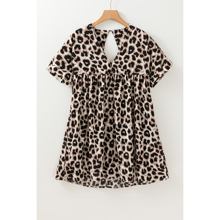 Cutout Back Leopard V-Neck Short Sleeve Mini Dress Apparel and Accessories