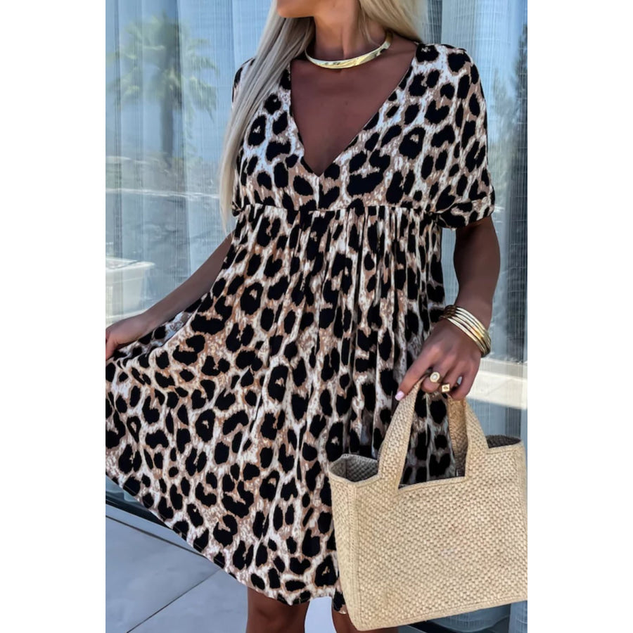 Cutout Back Leopard V-Neck Short Sleeve Mini Dress Apparel and Accessories