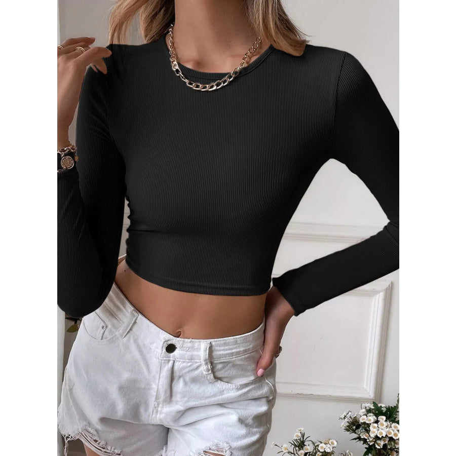 Cutout Back Long Sleeve Crop T-Shirt Apparel and Accessories