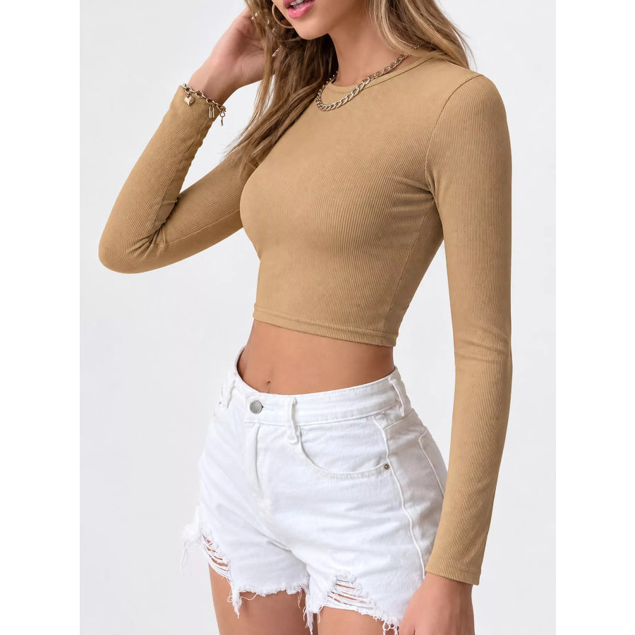 Cutout Back Long Sleeve Crop T-Shirt Apparel and Accessories