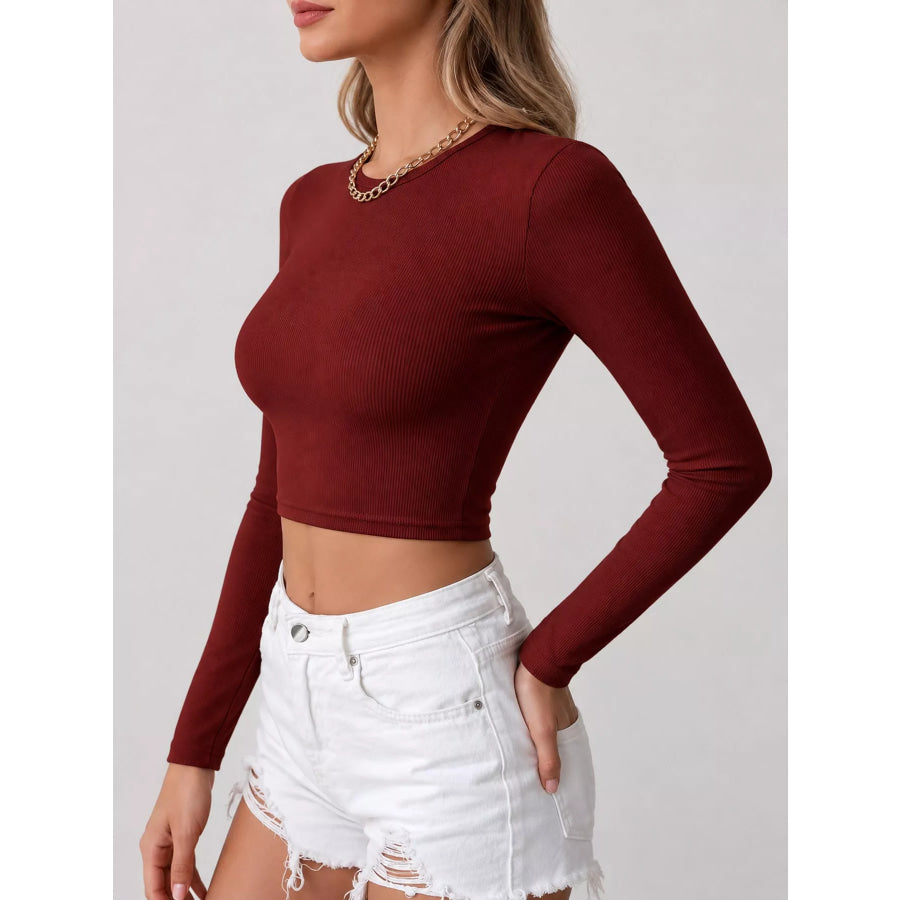 Cutout Back Long Sleeve Crop T-Shirt Apparel and Accessories