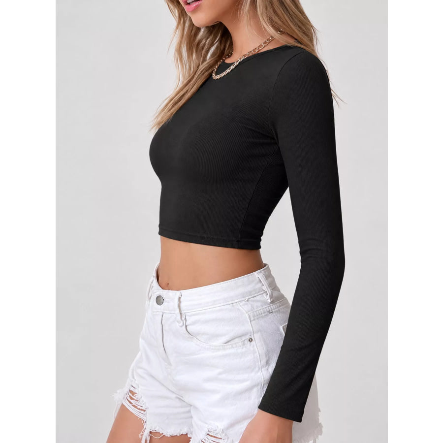 Cutout Back Long Sleeve Crop T-Shirt Apparel and Accessories