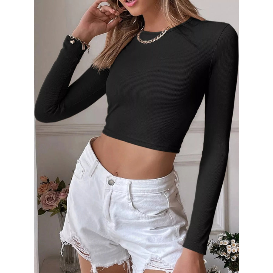 Cutout Back Long Sleeve Crop T-Shirt Black / S Apparel and Accessories