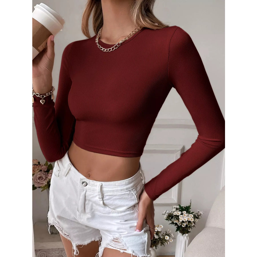 Cutout Back Long Sleeve Crop T-Shirt Burgundy / S Apparel and Accessories