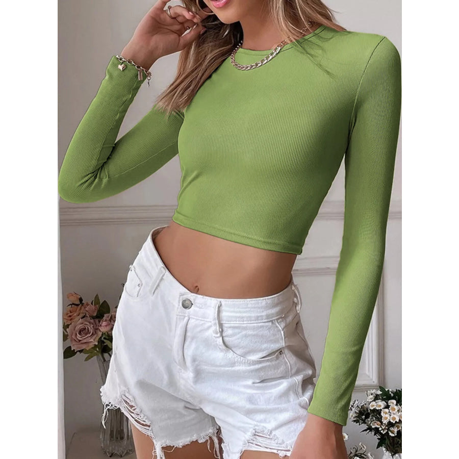 Cutout Back Long Sleeve Crop T-Shirt Green / S Apparel and Accessories