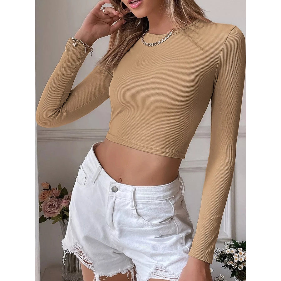 Cutout Back Long Sleeve Crop T-Shirt Khaki / S Apparel and Accessories