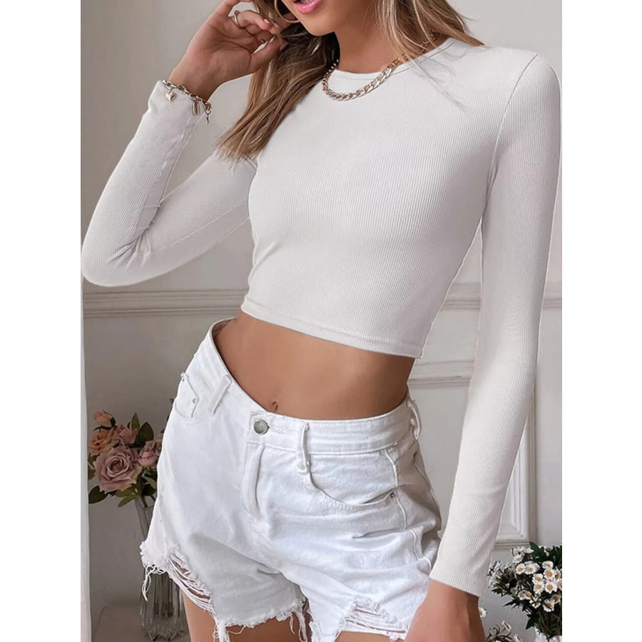 Cutout Back Long Sleeve Crop T-Shirt White / S Apparel and Accessories