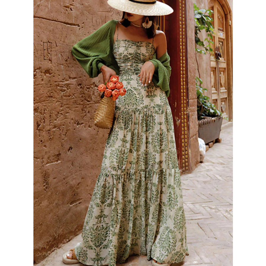 Cutout Back Printed Spaghetti Strap Tiered Maxi Dress Apparel and Accessories